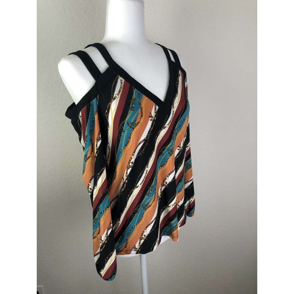INC Scoop Neck Long Sleeve Abstract Printed Cold-Shoulder Top Multicolor XS